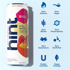 Hint Peach Raspberry label close-up highlighting natural flavors and zero calories.