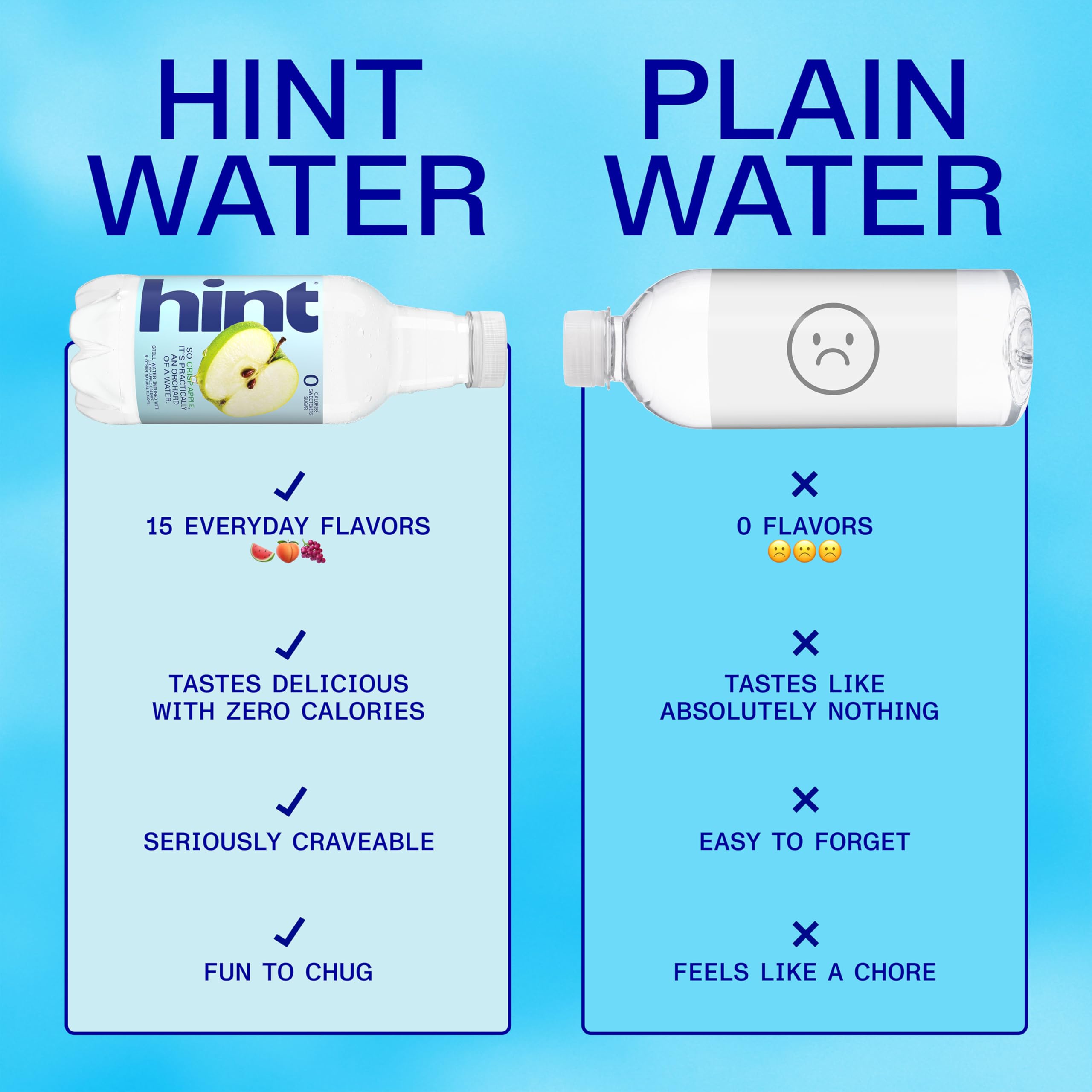 Hint purified water bottle with apple label showcases clean hydration.