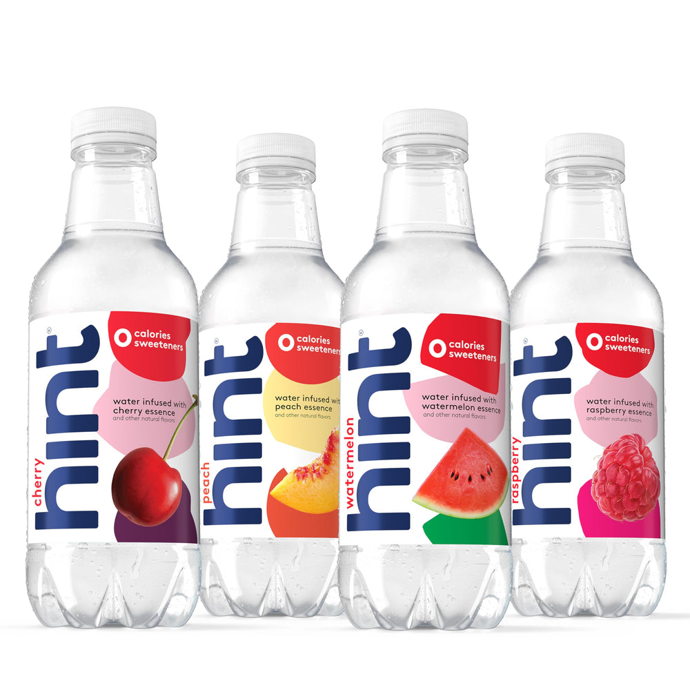 Hint Purple Variety Watermelon pack shows convenient 16 oz bottles for on the go hydration.