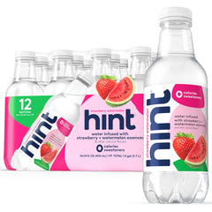Hint Strawberry Watermelon bottle showcases fruity infusion for zero-calorie hydration.