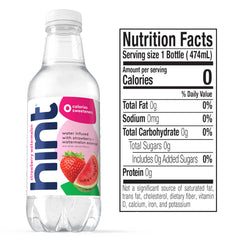 Hint Strawberry Watermelon label highlights natural flavors with no added sugar.