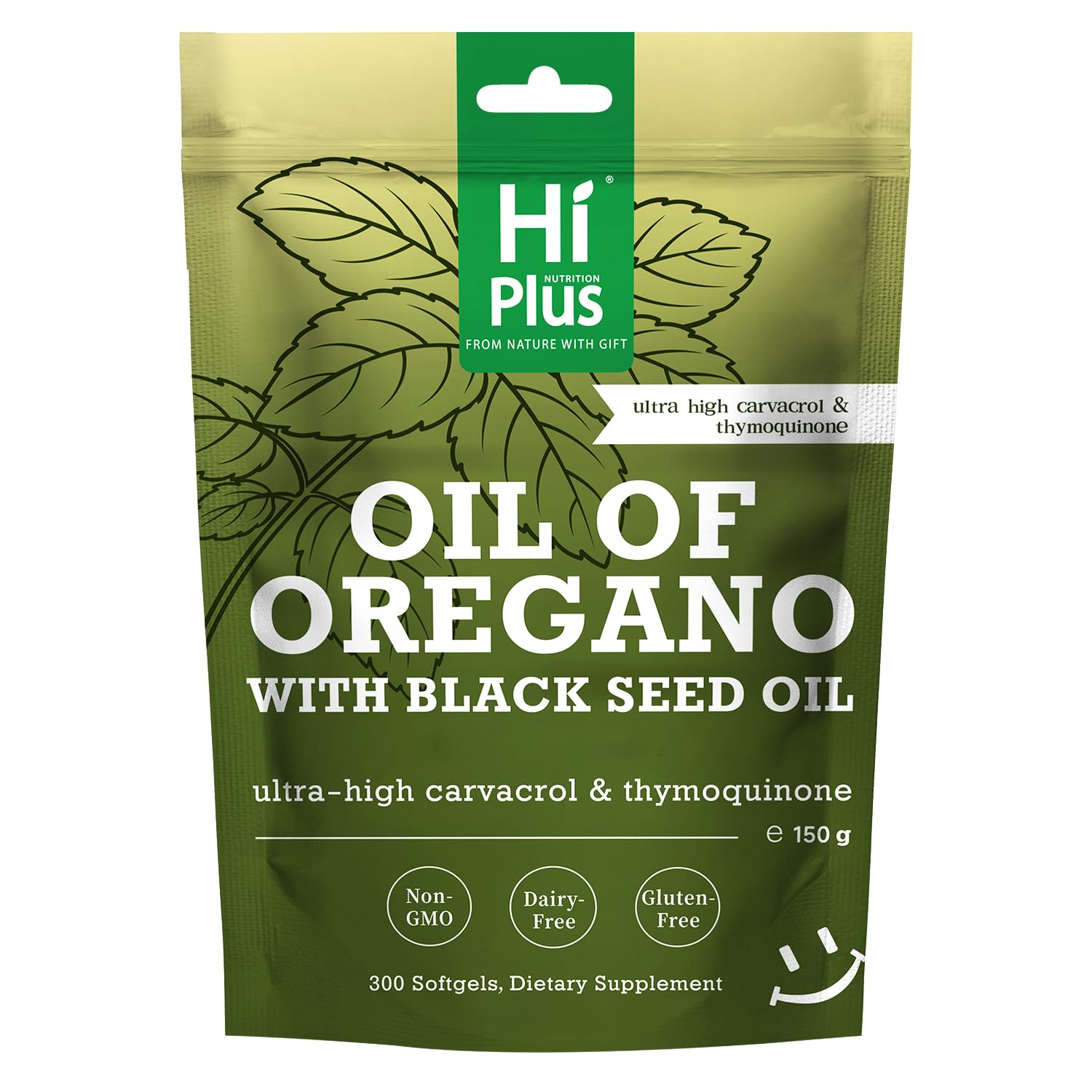 HiPlus oregano oil softgels bottle supports daily immune wellness.