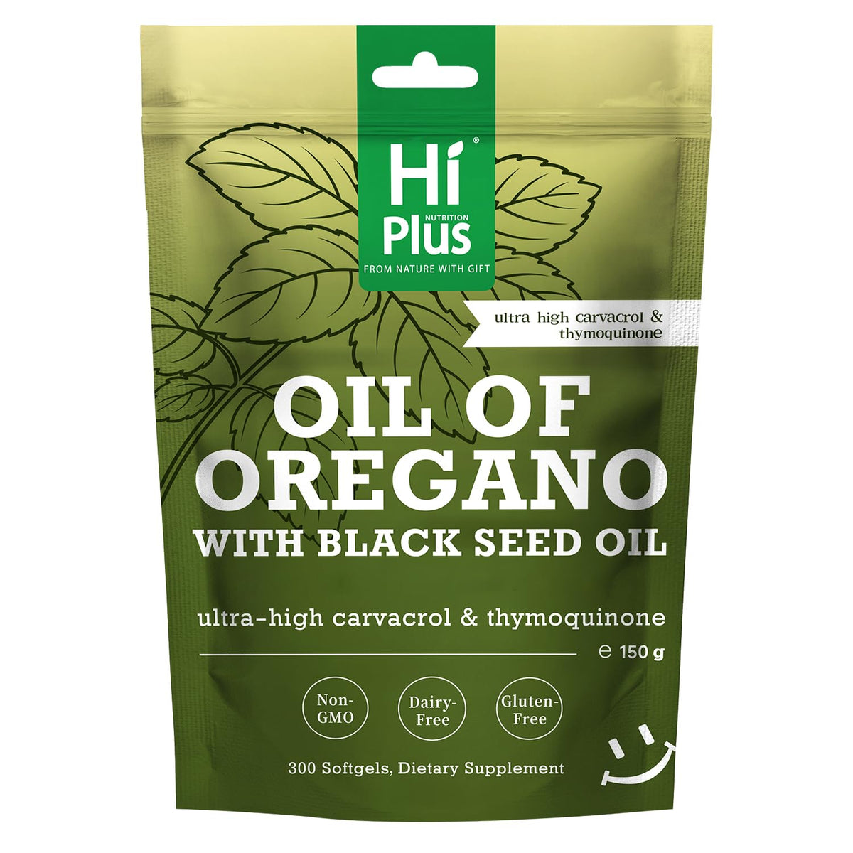 HiPlus oregano oil softgels bottle supports daily immune wellness.