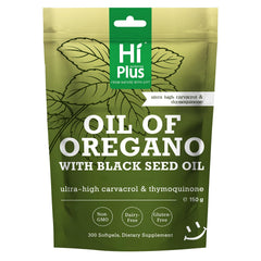 HiPlus oregano oil softgels bottle supports daily immune wellness.
