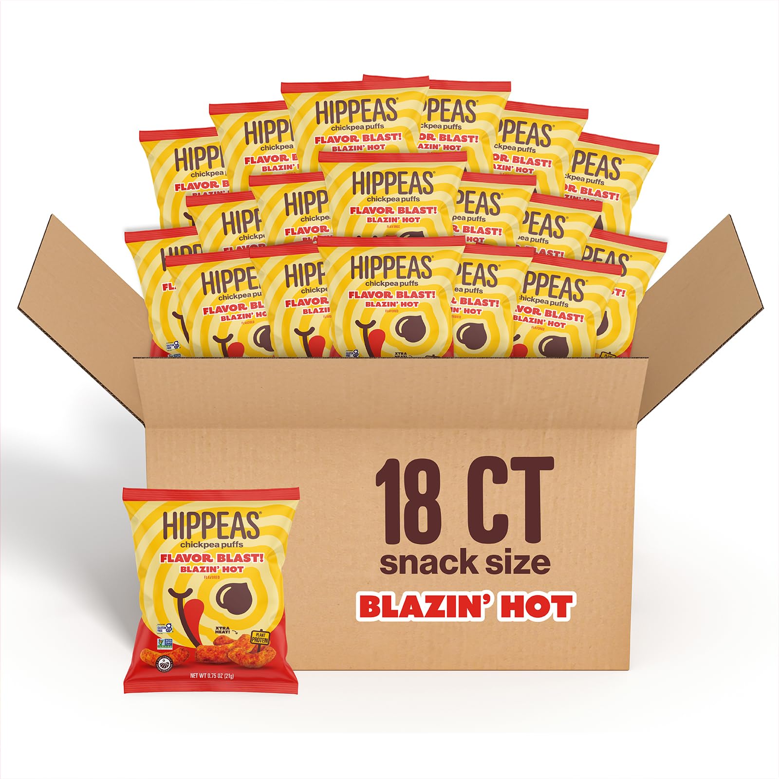 HIPPEAS Blazin' Hot puffs in a bag, convenient on-the-go snack option.