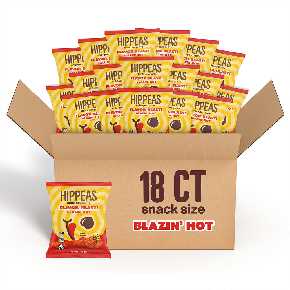 HIPPEAS Blazin' Hot puffs in a bag, convenient on-the-go snack option.