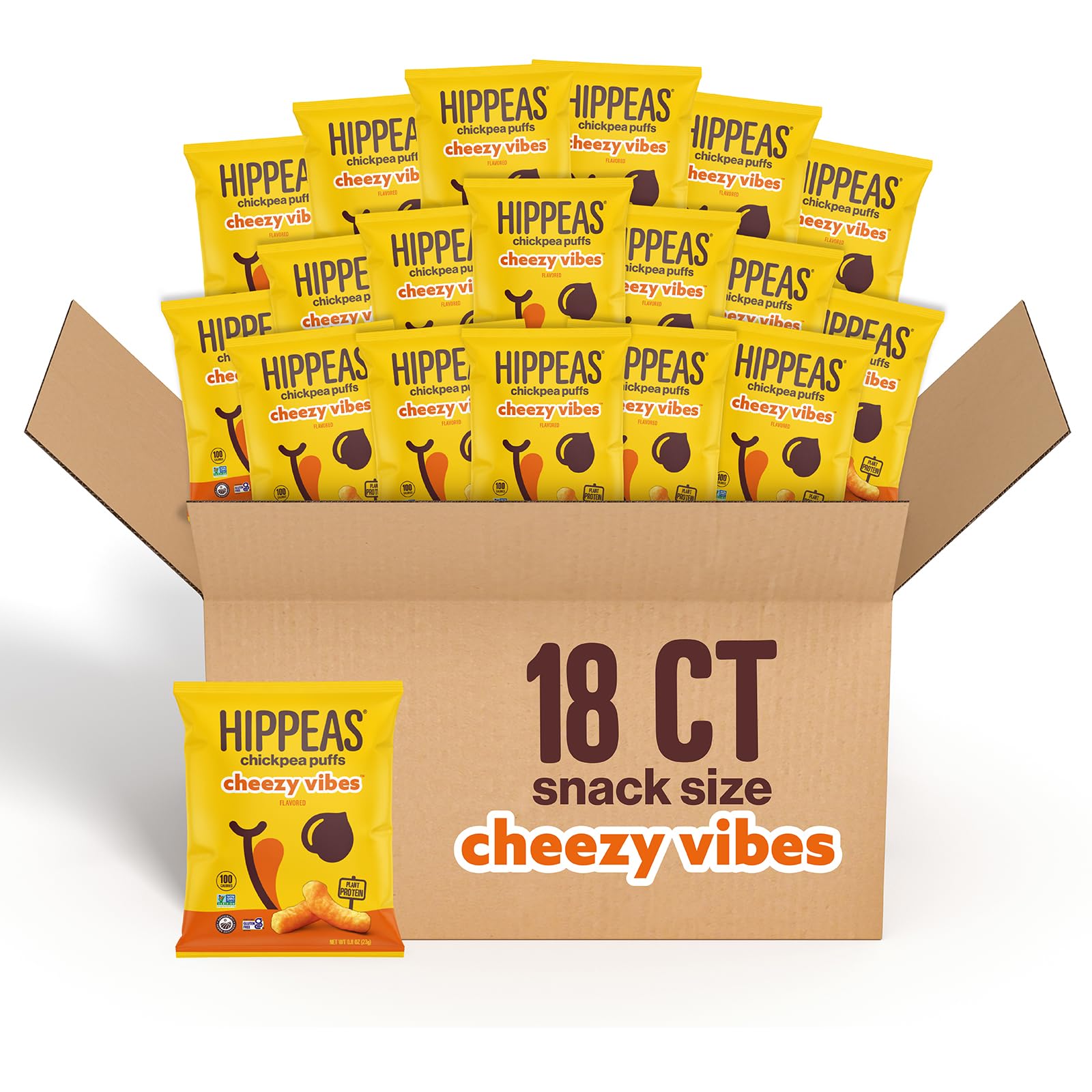 HIPPEAS Cheezy Vibes chickpea puffs bag close-up, a crunchy plant-based snack.