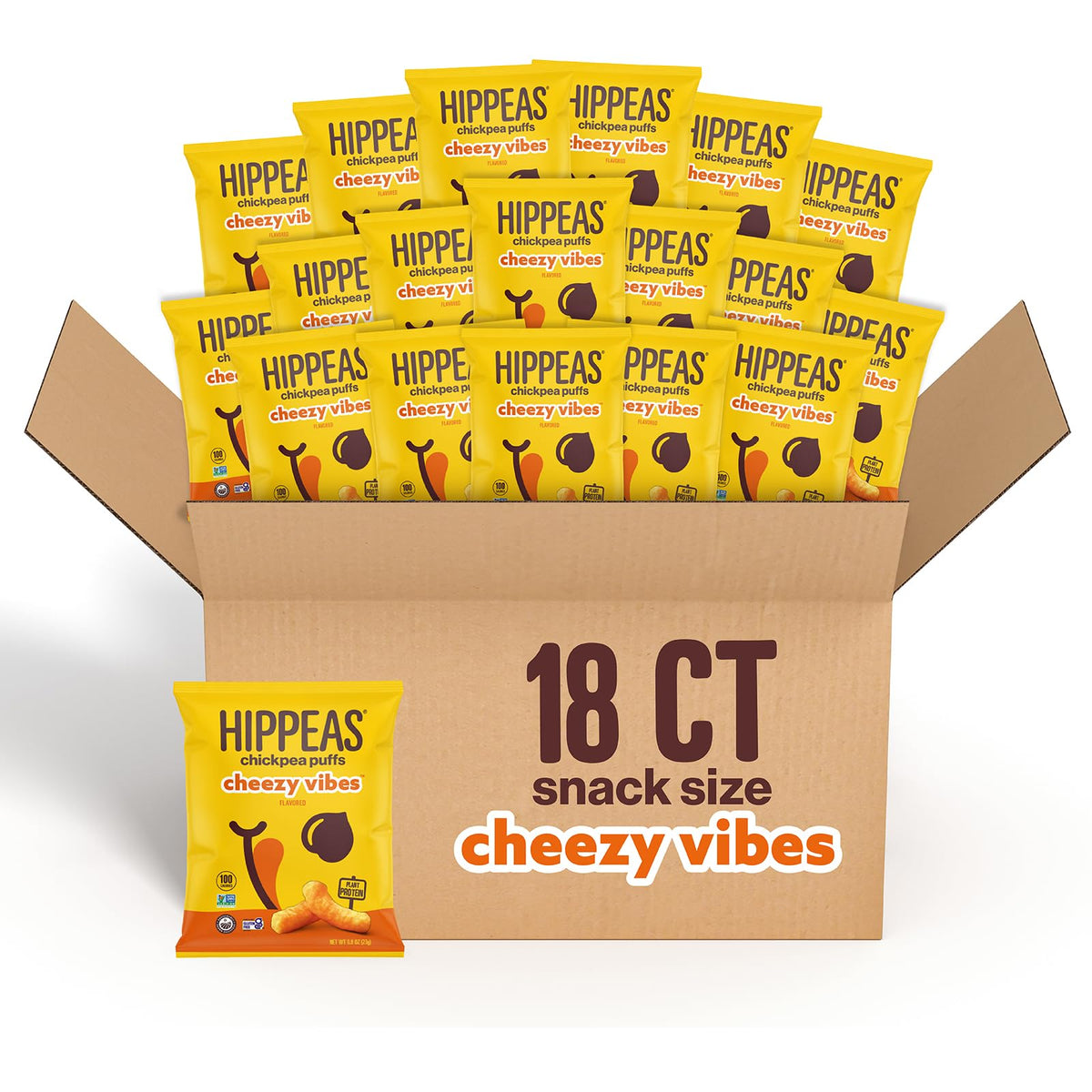HIPPEAS Cheezy Vibes chickpea puffs bag close-up, a crunchy plant-based snack.