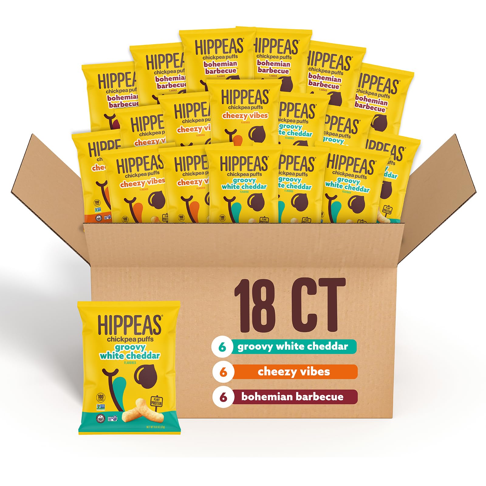 HIPPEAS Chickpea Puffs variety pack front view with assorted flavors for everyday snacking