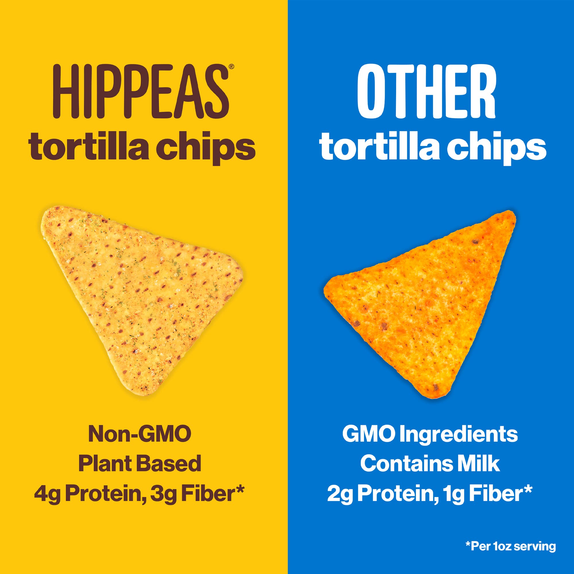 HIPPEAS Chickpea Tortilla Chips foil-pack display for pantry-friendly snacking.