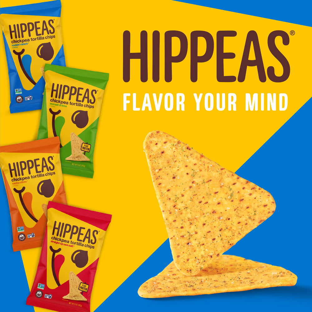 HIPPEAS Chickpea Tortilla Chips served with nachos, showing bold plant-based flavor.