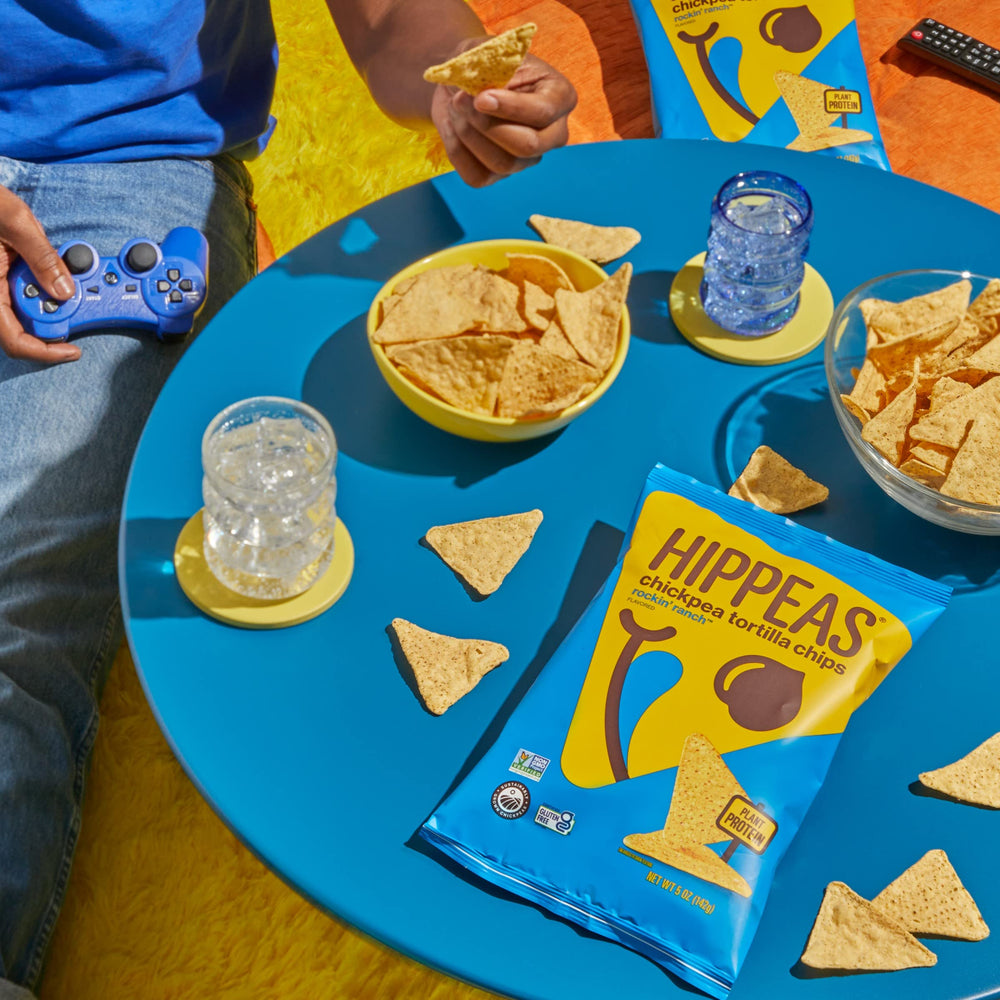 HIPPEAS Chickpea Tortilla Chips on a countertop, gluten-free snack option.