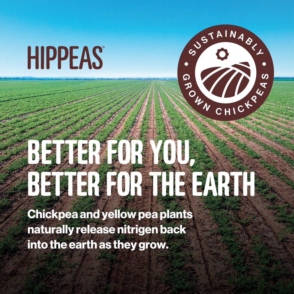 Hippeas plant-based protein snack visual highlights sustainable chickpea farming.