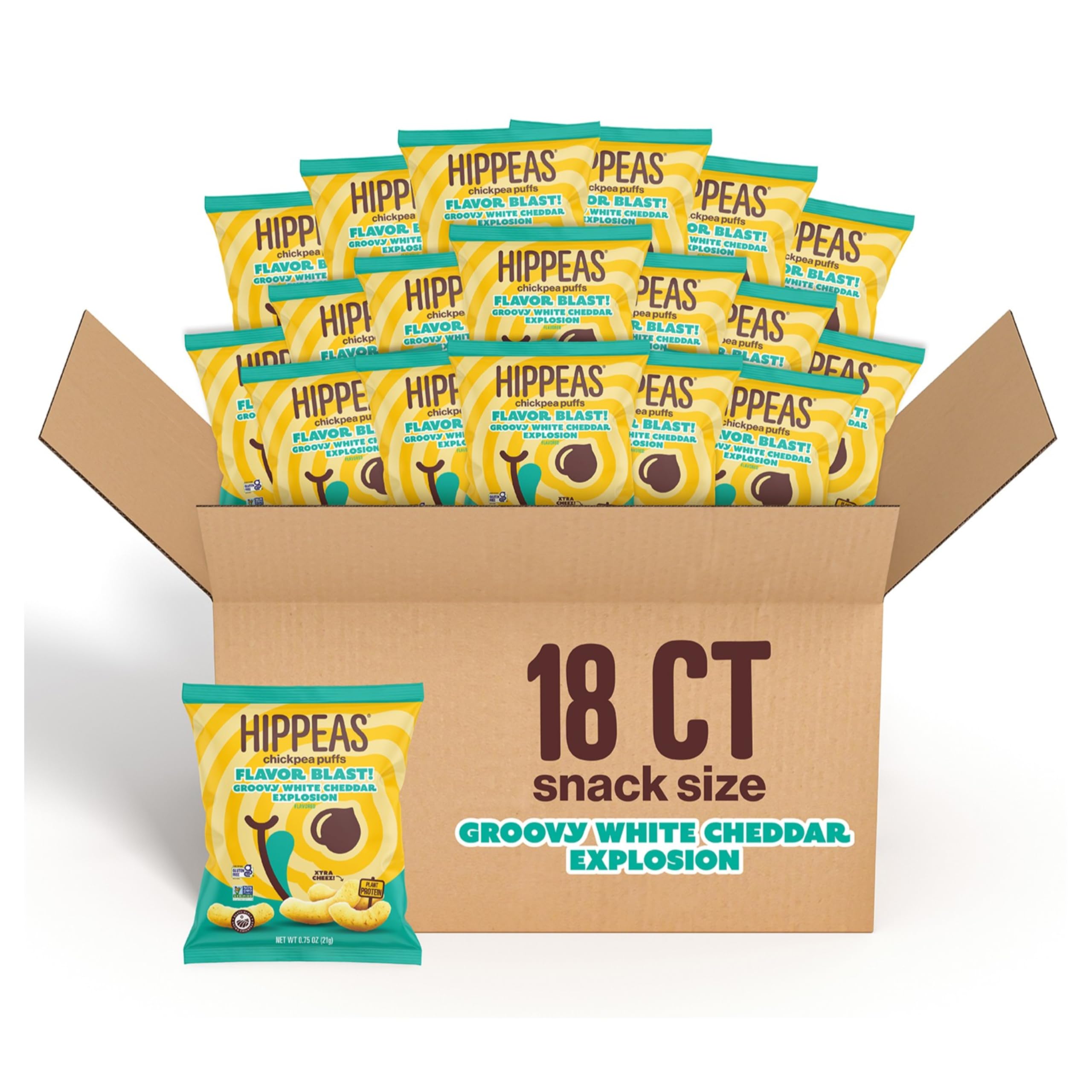 Hippeas White Cheddar Explosion close-up shows vegan protein snack on the go.