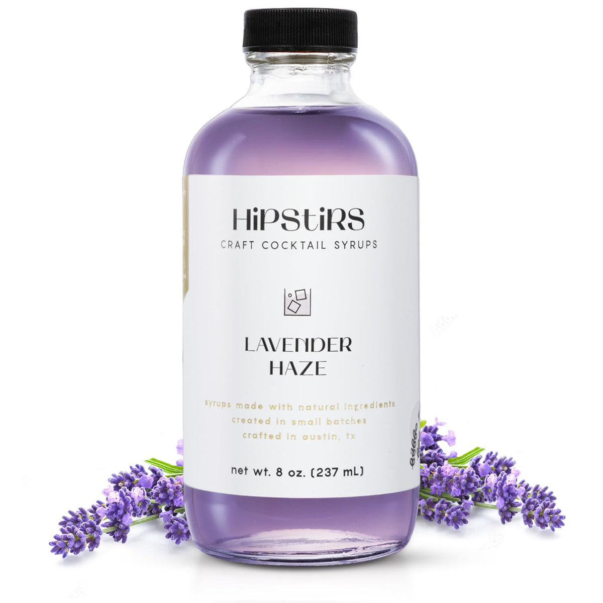 HipStirs Lavender Haze Syrup bottle highlights real ingredients for craft cocktails.