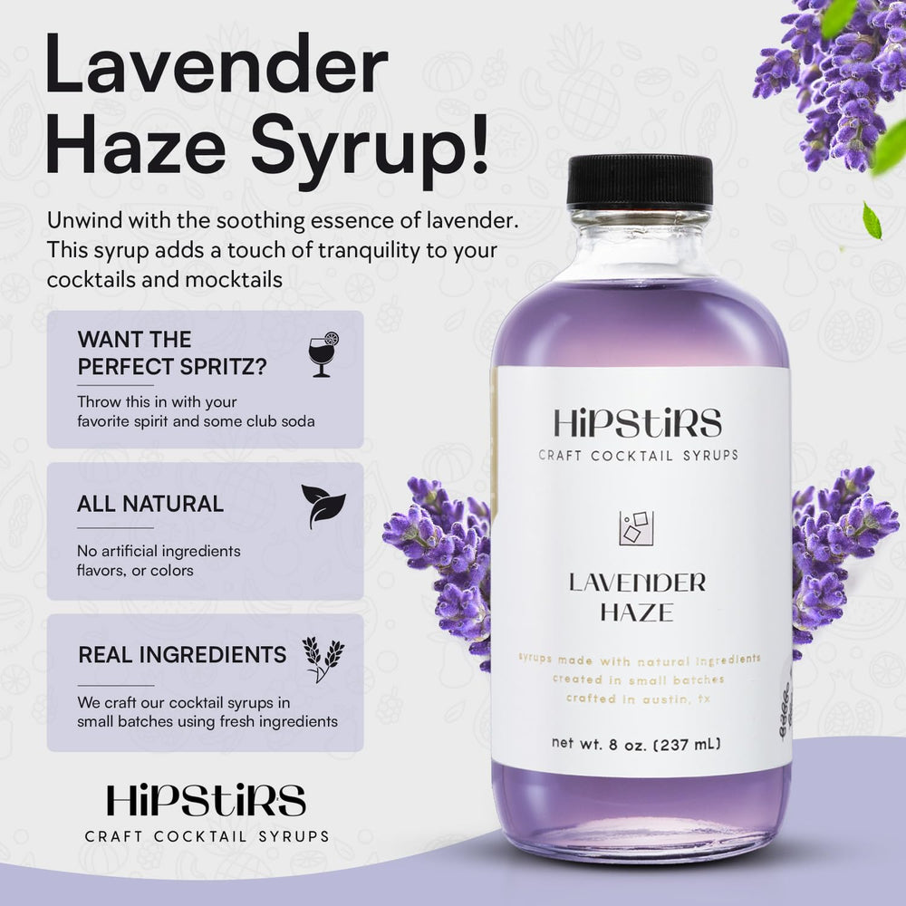 HipStirs Lavender Haze Syrup label emphasizes natural flavoring with no artificial additives.