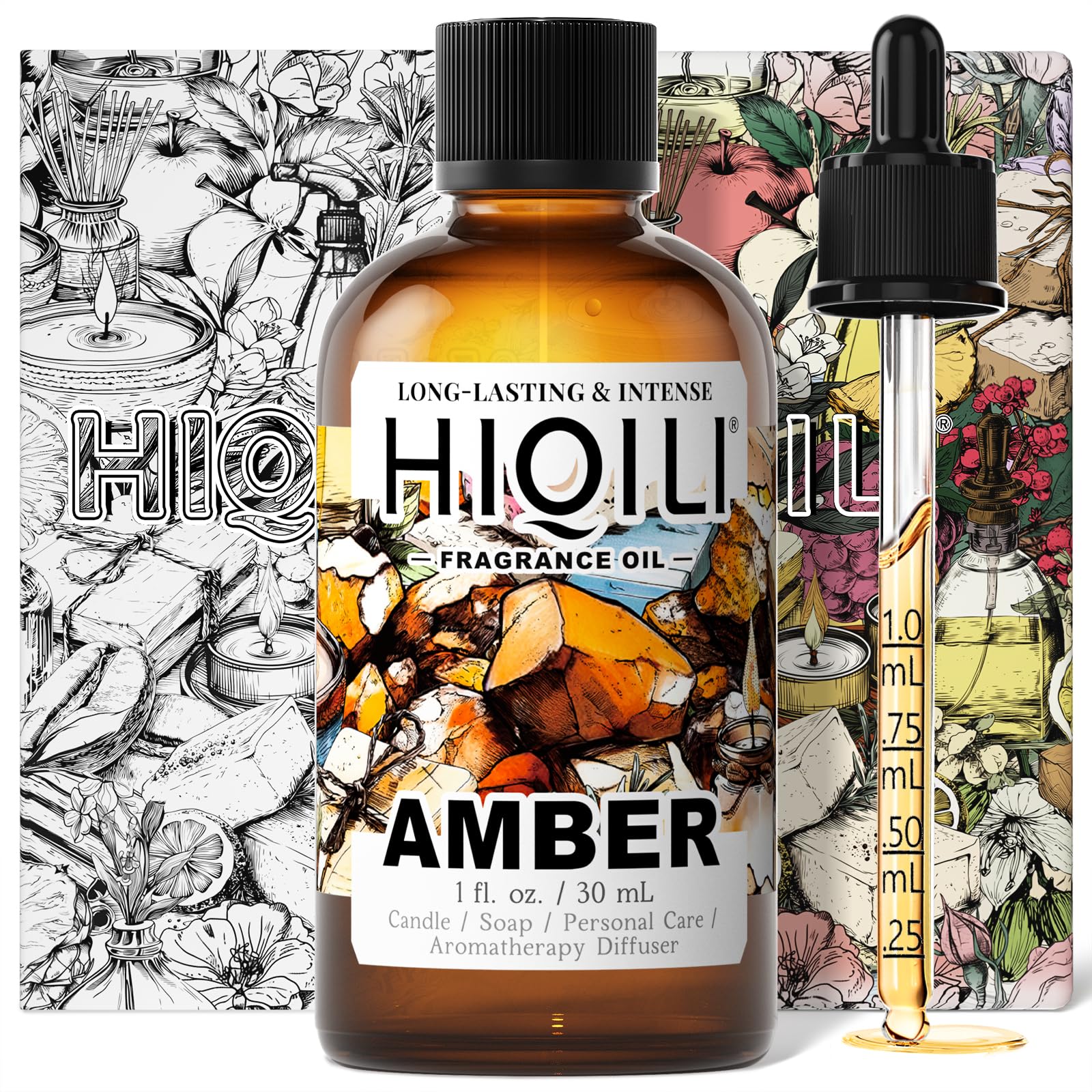 HIQILI Amber Fragrance Oil bottle close-up for candles and diffusers.