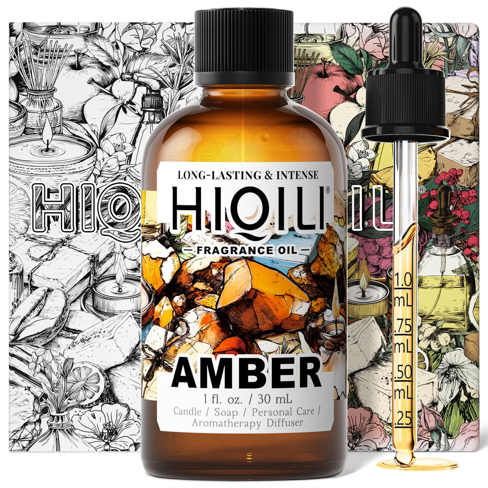 HIQILI Amber Fragrance Oil bottle close-up for candles and diffusers.
