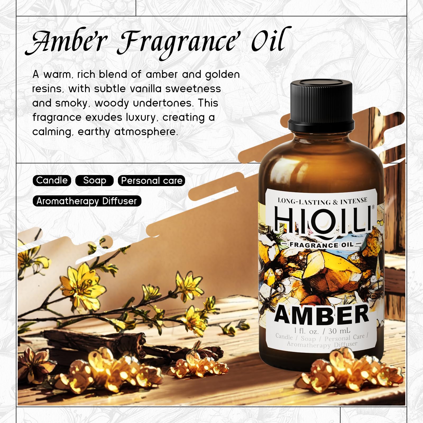 HIQILI Amber Fragrance Oil in a diffuser scene for room fragrance.