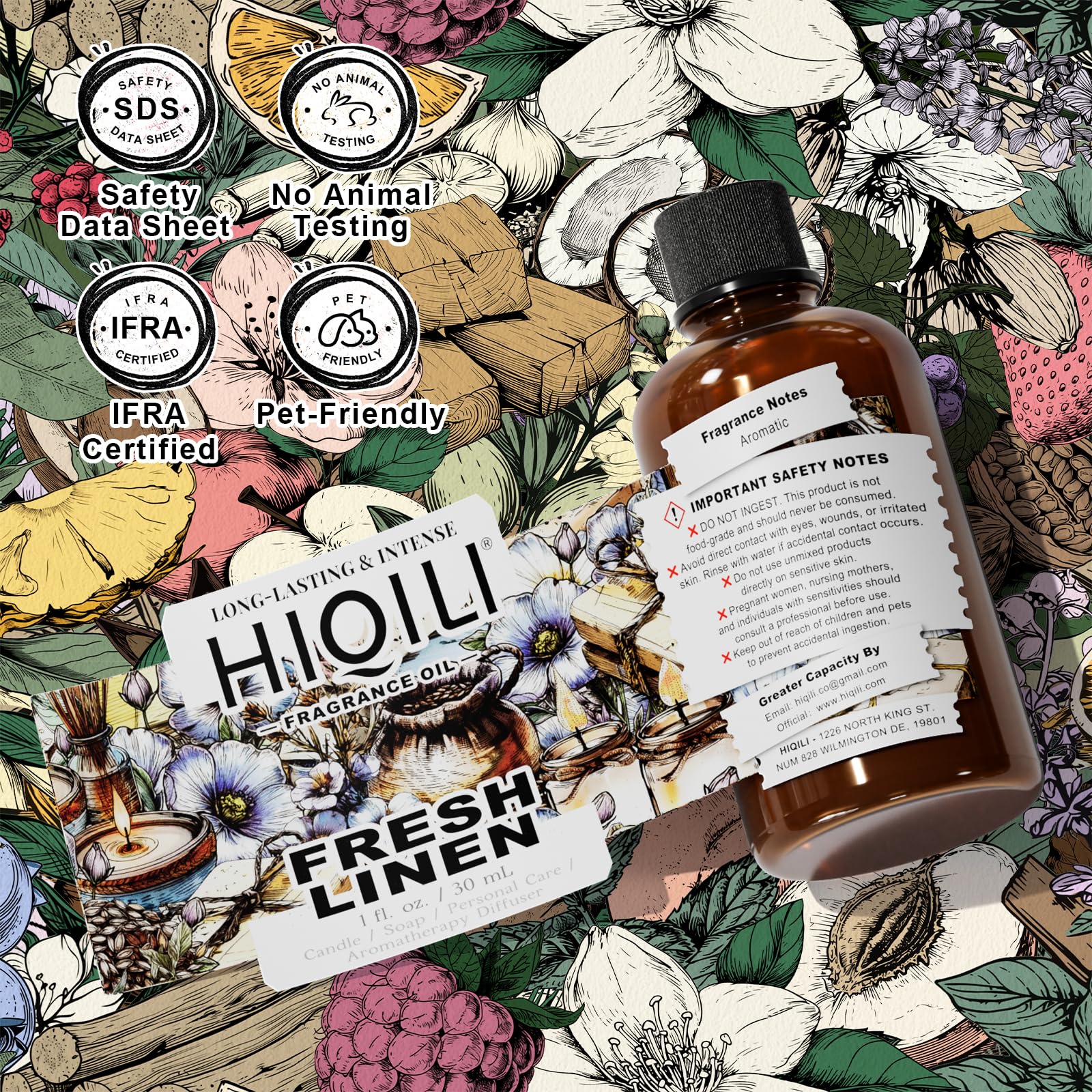 HIQILI Fresh Linen bottle with IFRA safety badge visible