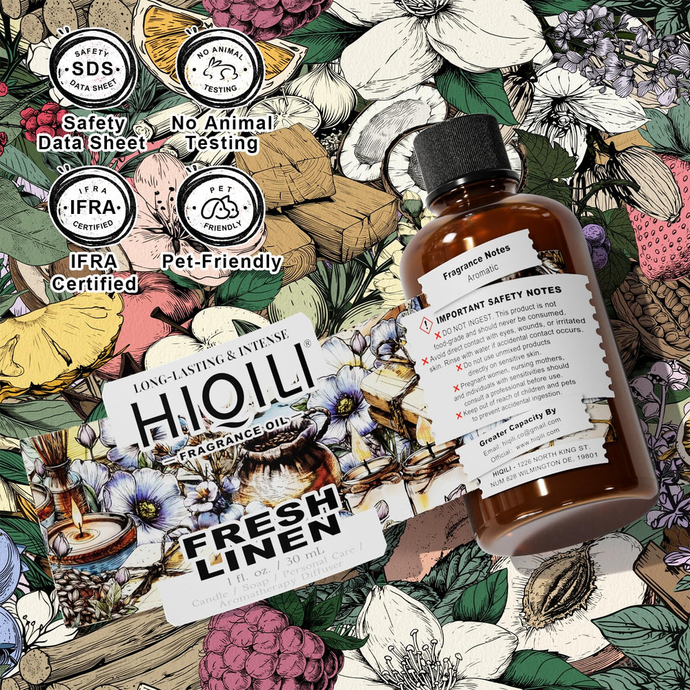 HIQILI Fresh Linen bottle with IFRA safety badge visible