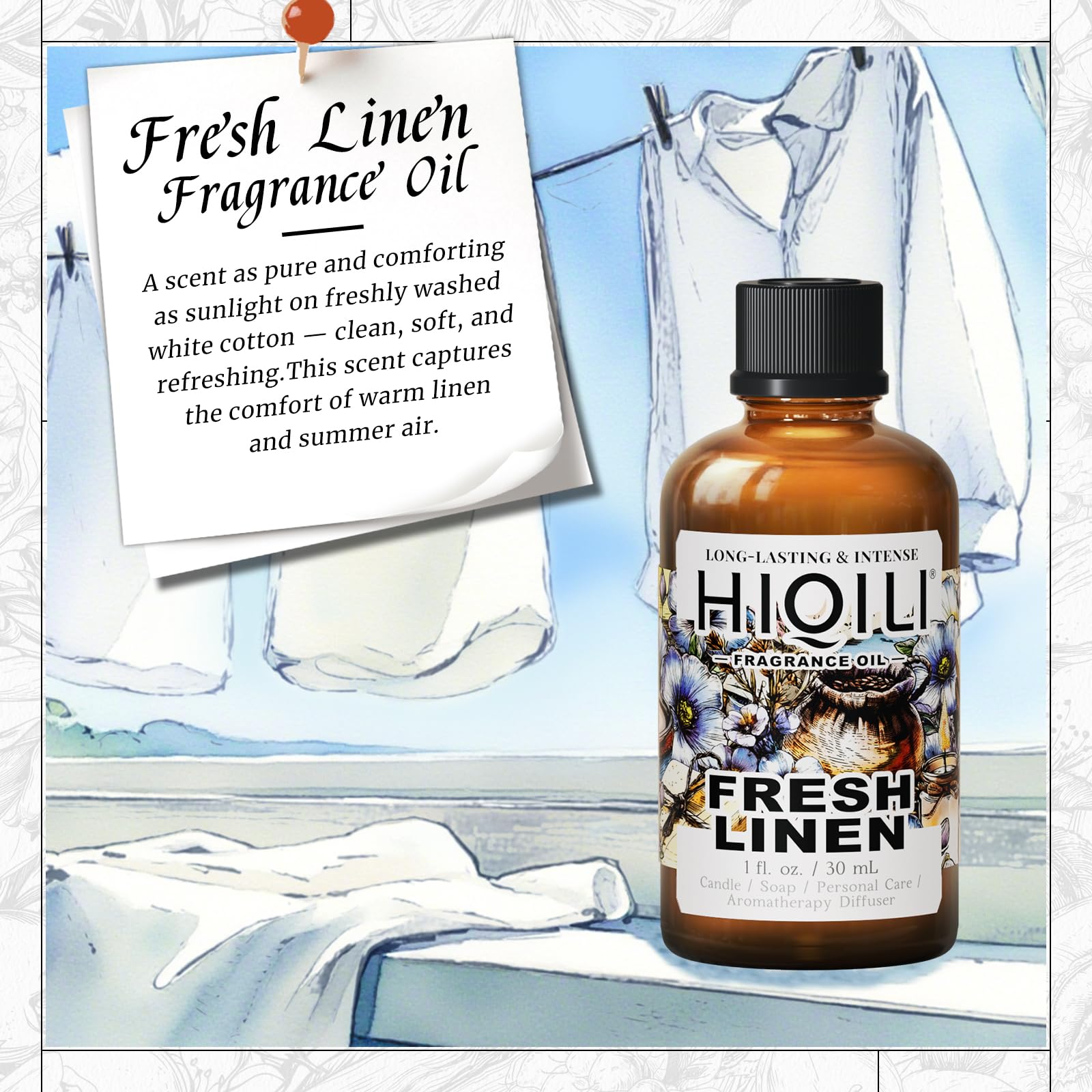 HIQILI Fresh Linen fragrance oil being poured for DIY projects
