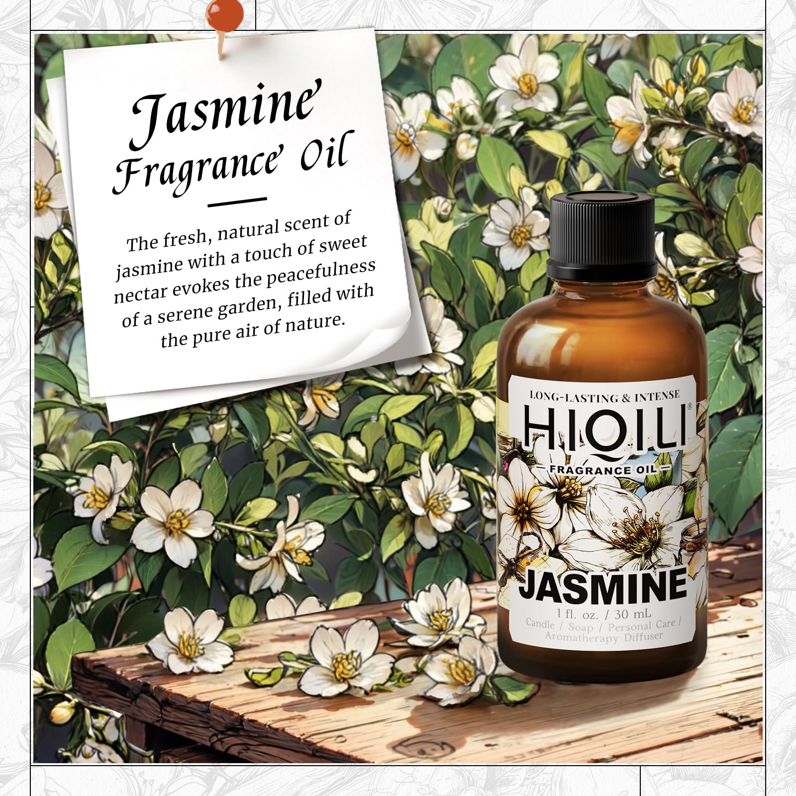 HIQILI Jasmine fragrance oil in a diffuser setup for relaxing home ambiance.