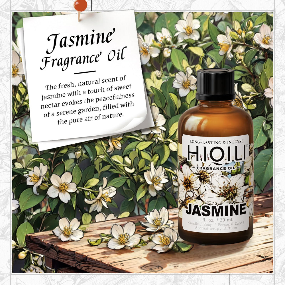 HIQILI Jasmine fragrance oil in a diffuser setup for relaxing home ambiance.