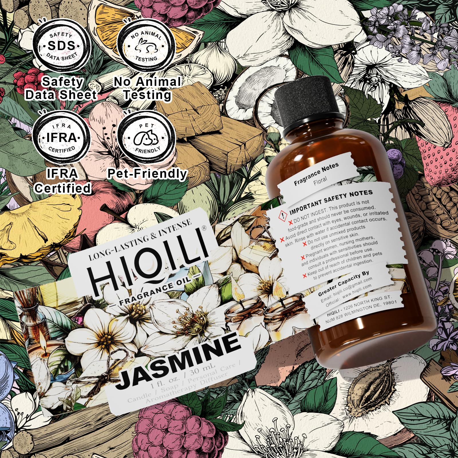 HIQILI Jasmine fragrance oil used in DIY blends for aromatherapy routines.