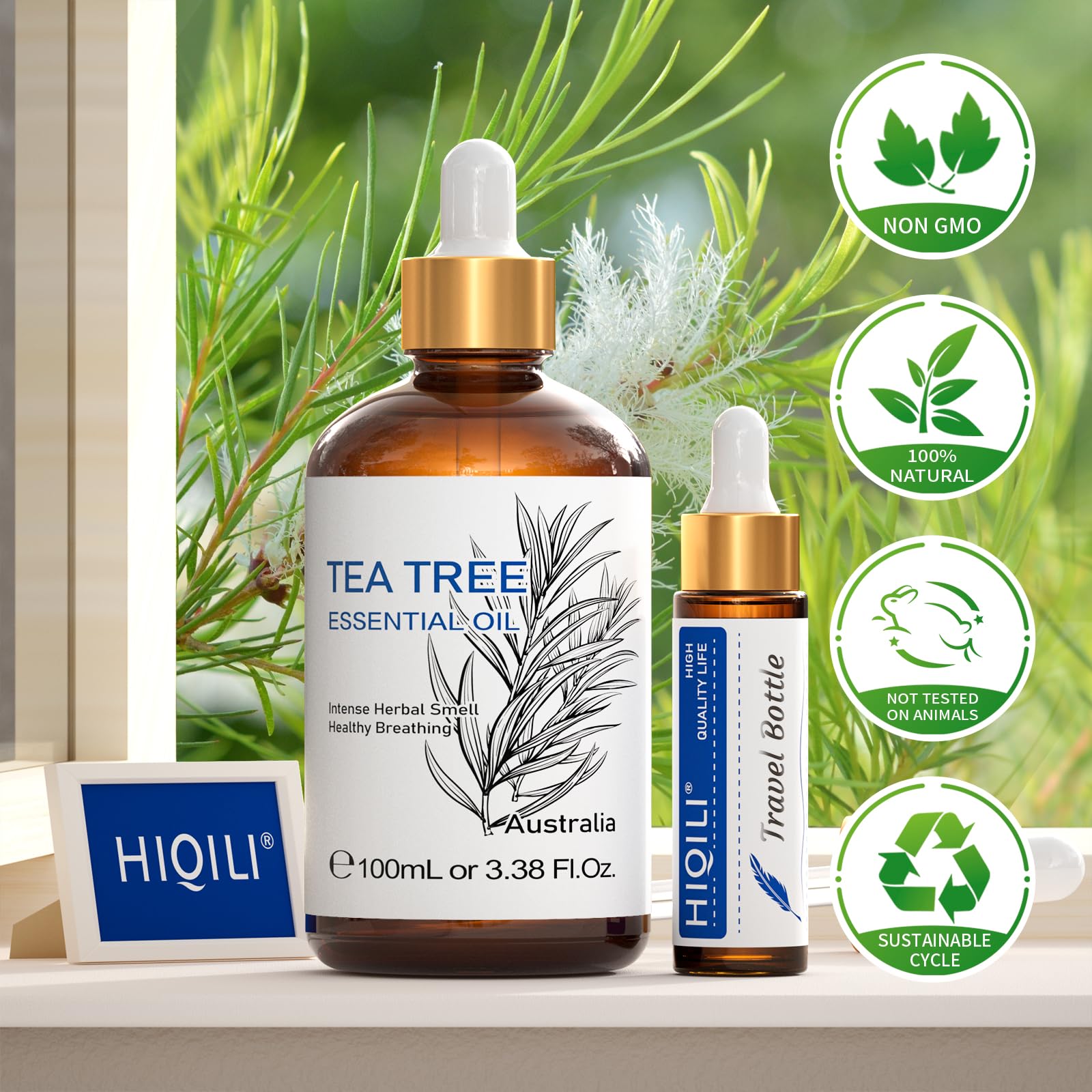 HIQILI Tea Tree Oil in UV amber bottle emphasizes protective packaging