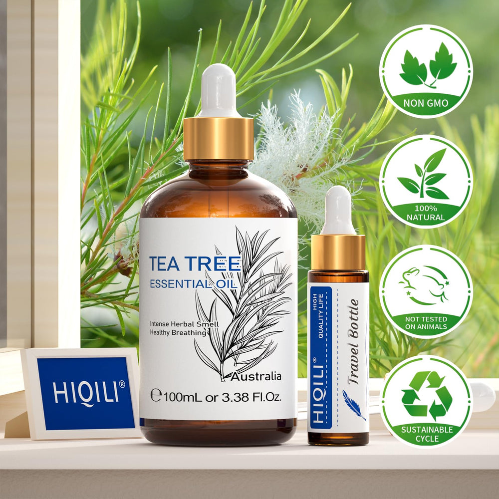 HIQILI Tea Tree Oil in UV amber bottle emphasizes protective packaging