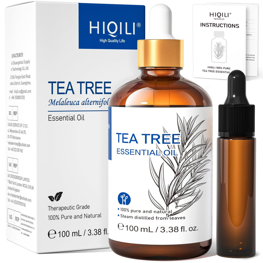 HIQILI Tea Tree Oil bottle highlights pure oil for skin, hair, and nail care.