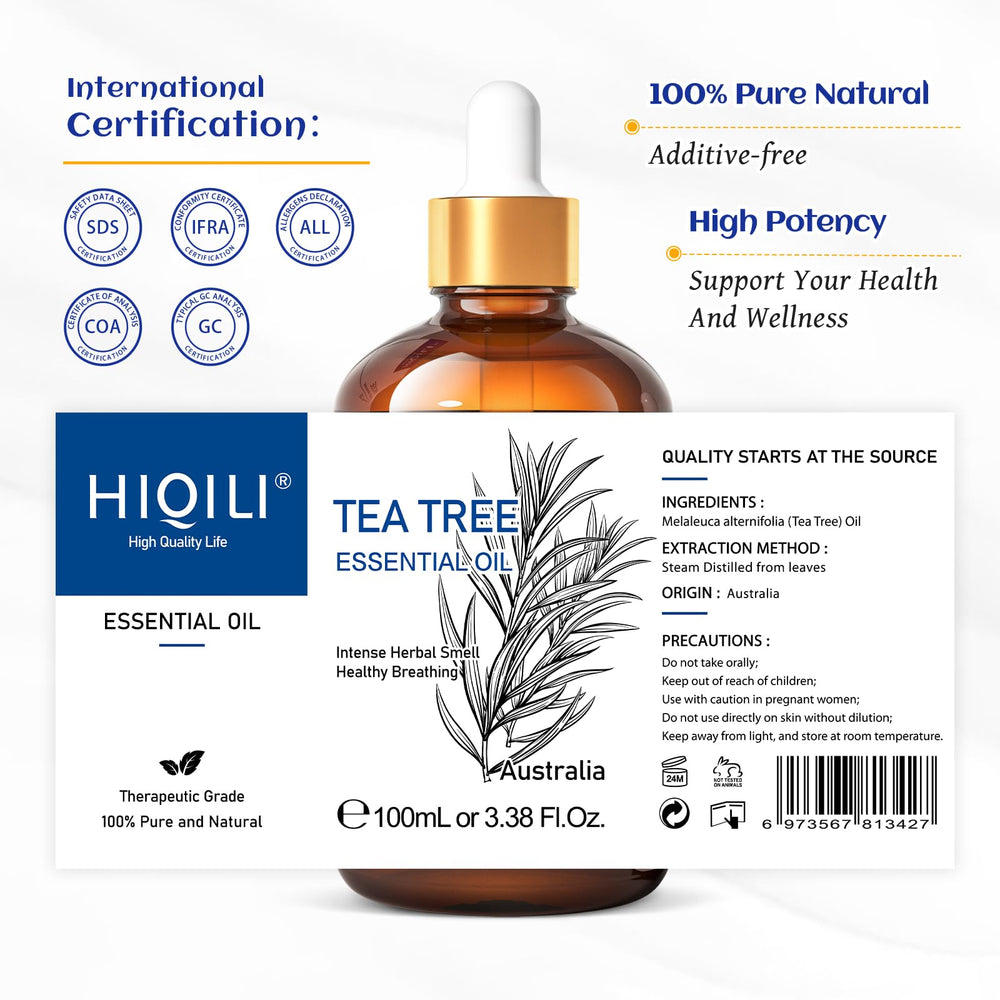 HIQILI Tea Tree Oil shown for DIY blends and personal care products.