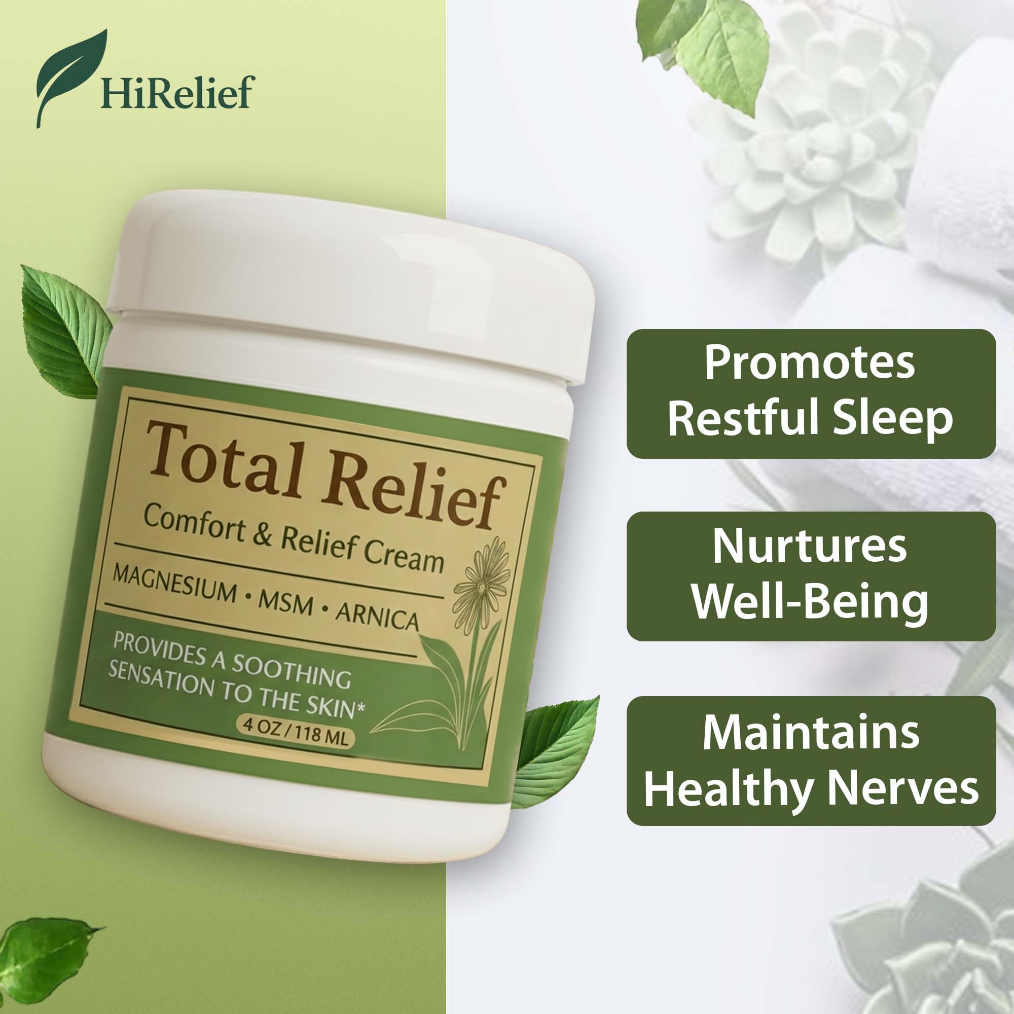 HiRelief Total Relief Arnica-MSM blend label, soothing support after walking.
