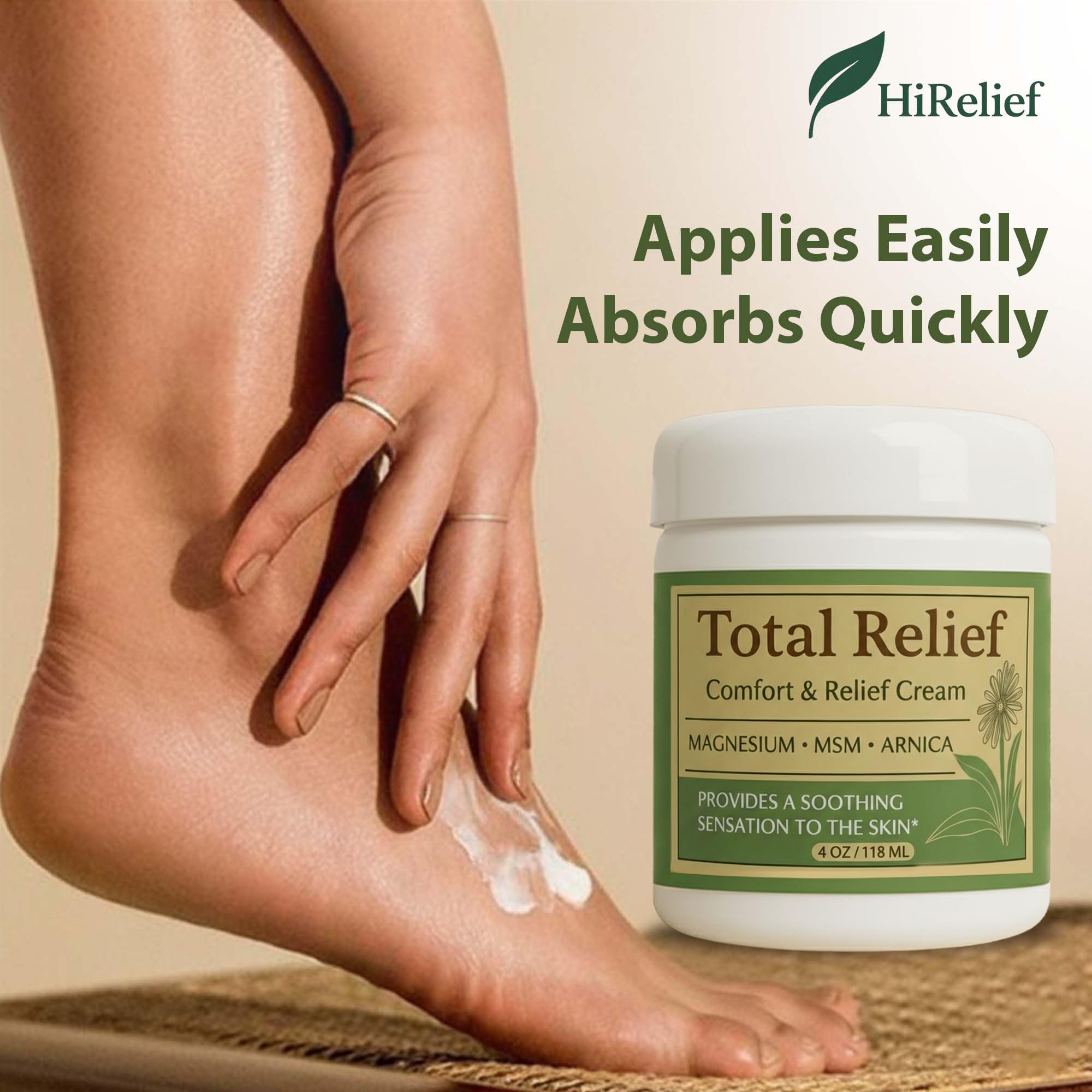 HiRelief Total Relief Cream being applied on skin, non-greasy finish.
