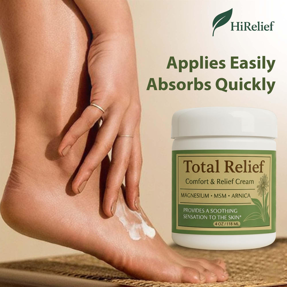 HiRelief Total Relief Cream being applied on skin, non-greasy finish.