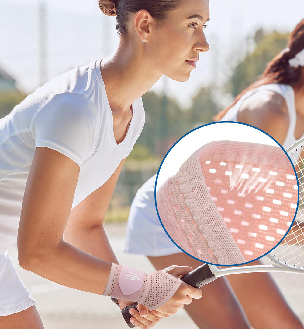 HiRui pink mesh wrist wrap is skin-friendly and quick-drying for daily use.