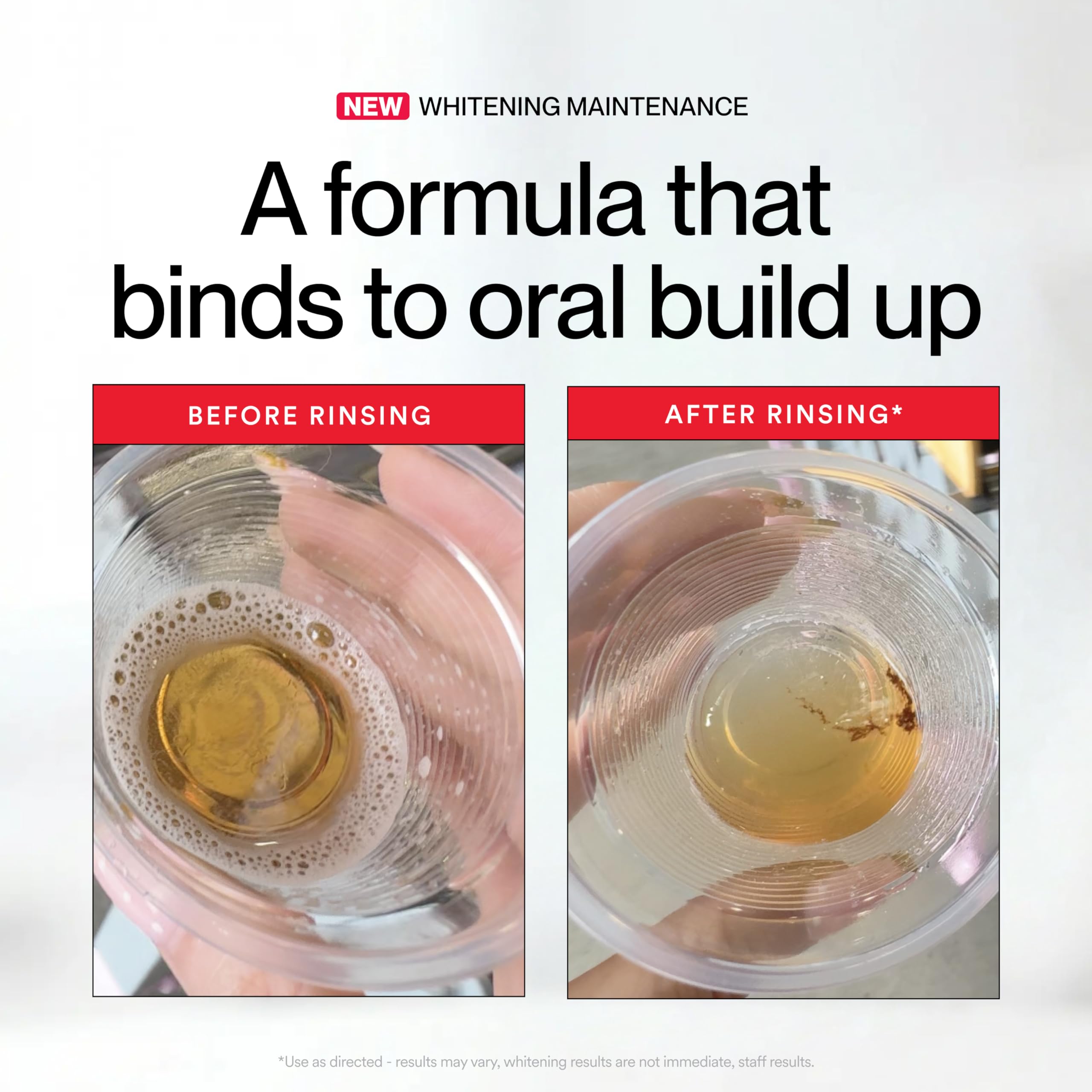 HISMILE iD Stain mouthwash pour action showing usage and freshness.