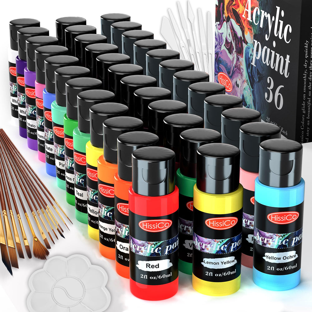 HissiCo 36-color acrylic paint bottles with vibrant pigments for rich, long-lasting artwork.