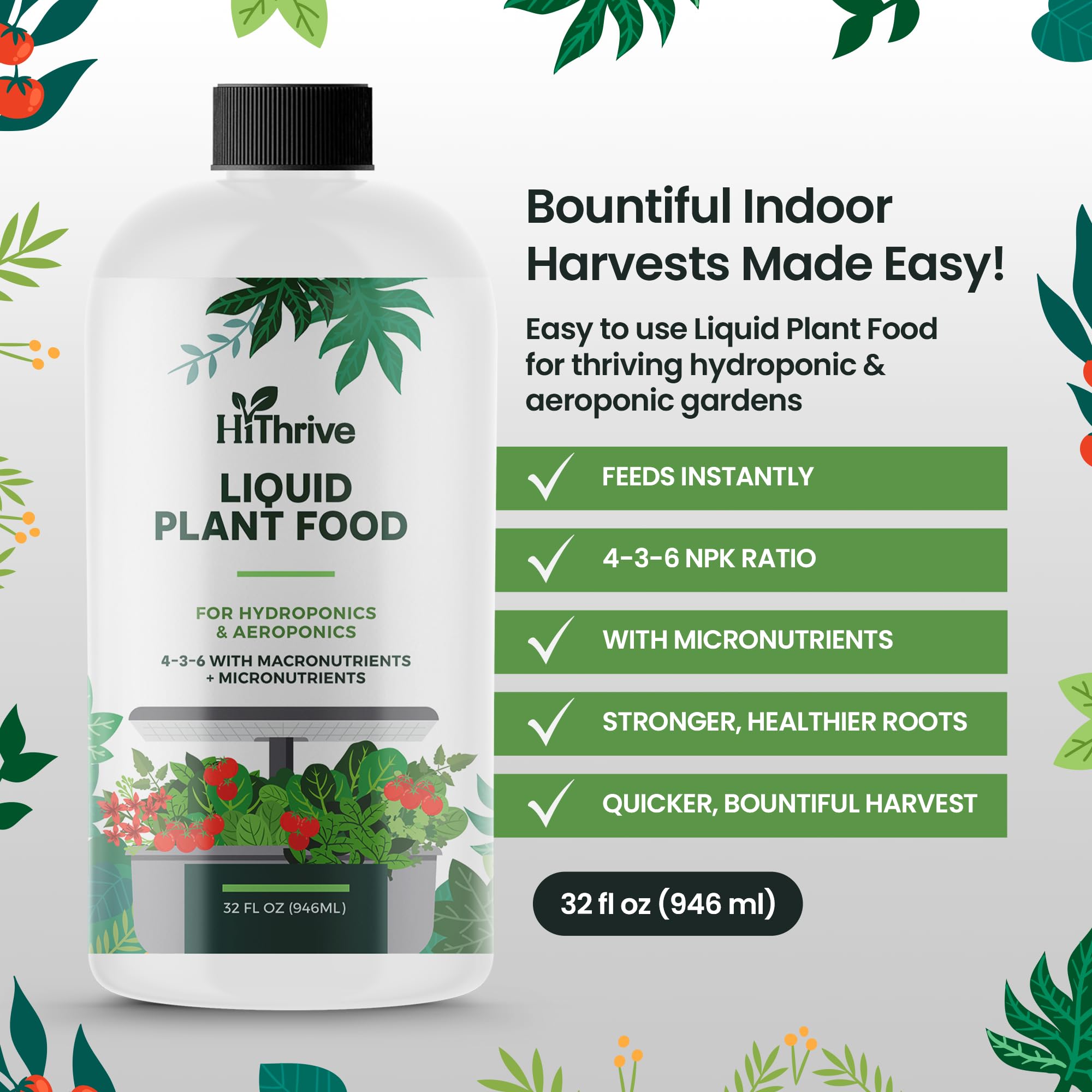 Dosing guide showing 5ml per quart mixing for vibrant growth with HiThrive.