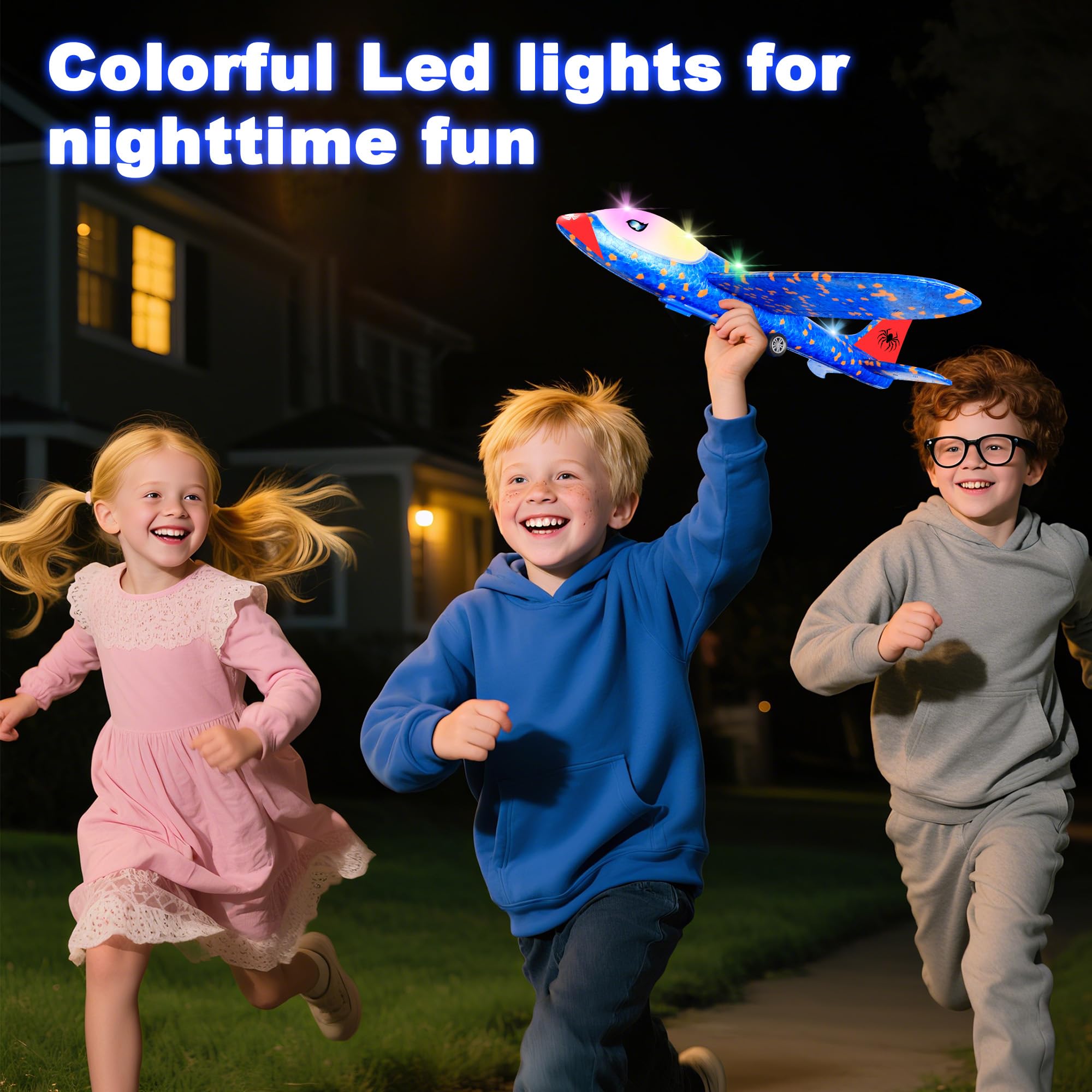 HitToys blue foam glider with LED lights for daytime and evening flights.