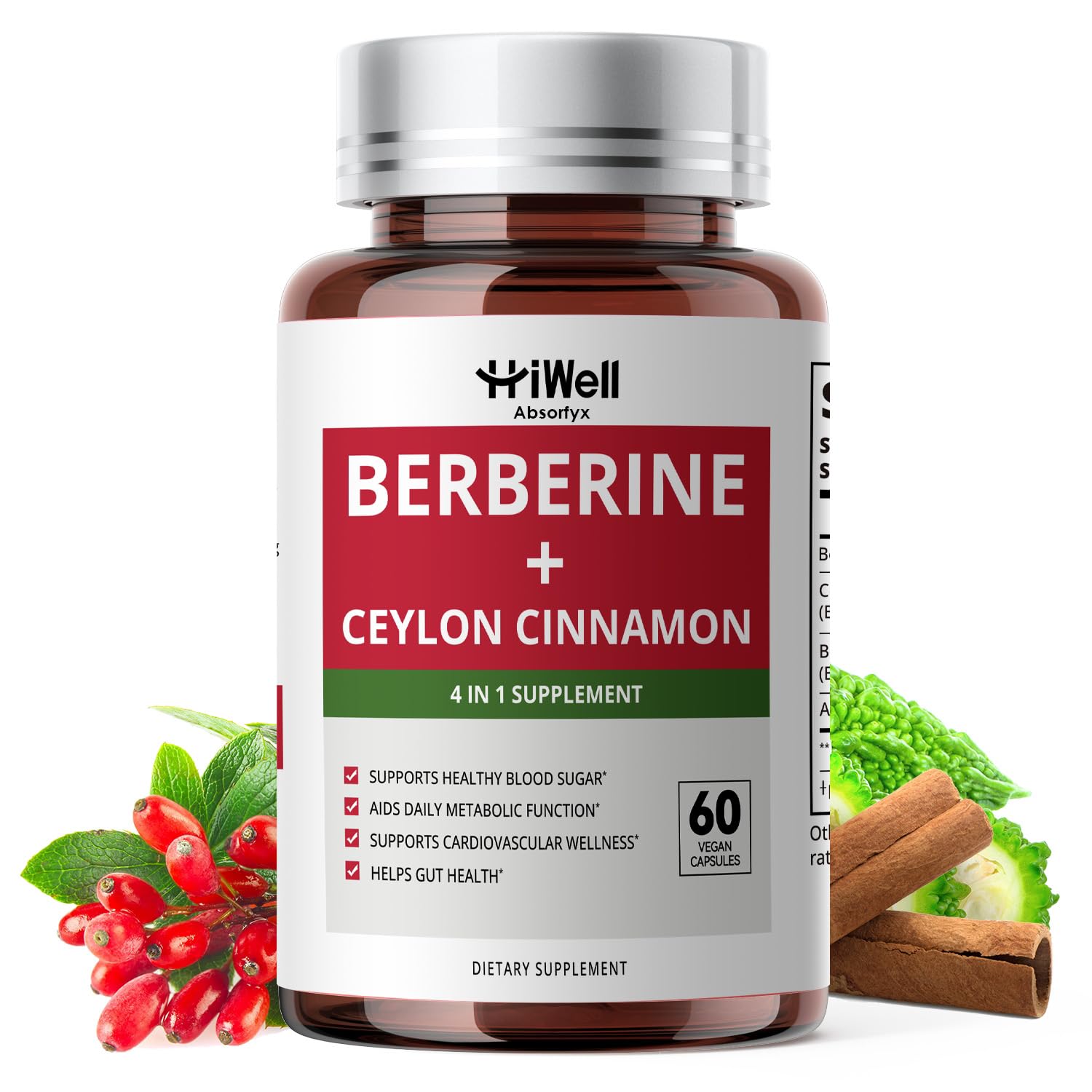 HiWell Berberine with Ceylon Cinnamon capsules in bottle support daily metabolic balance