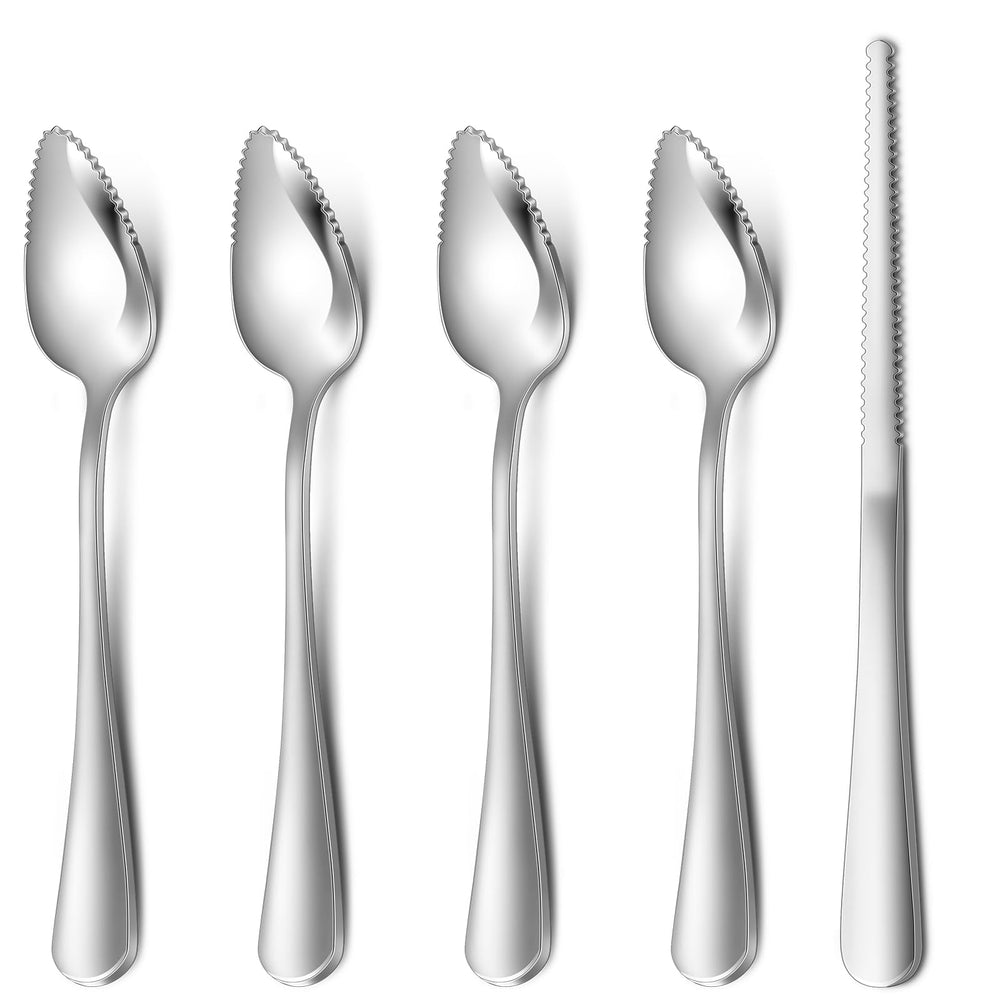 Hiware grapefruit spoons and knife set in front view, durable 18/8 stainless steel.