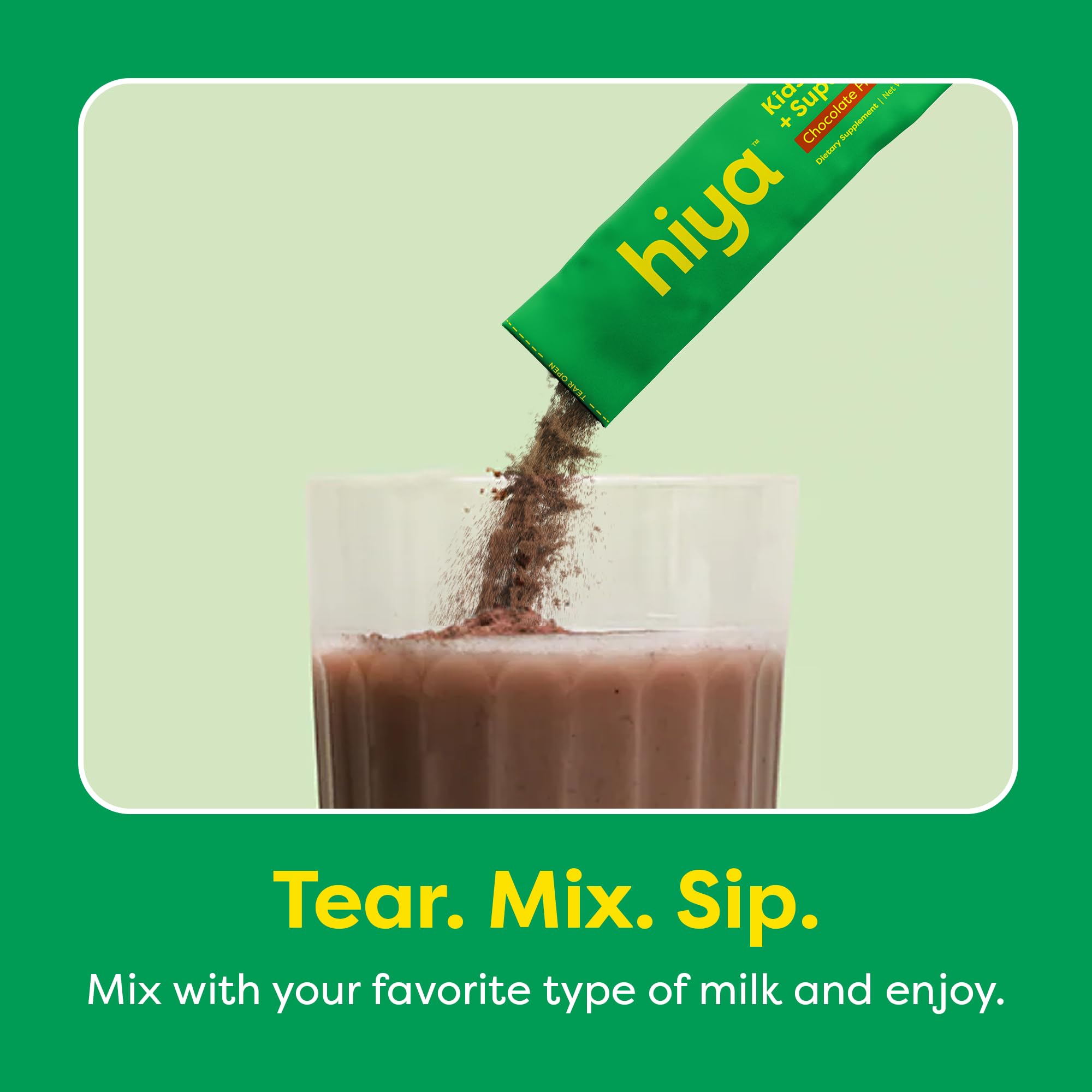 Hiya Kids Greens Powder Sticks close-up reveals kale, broccoli, and berries as real ingredients.