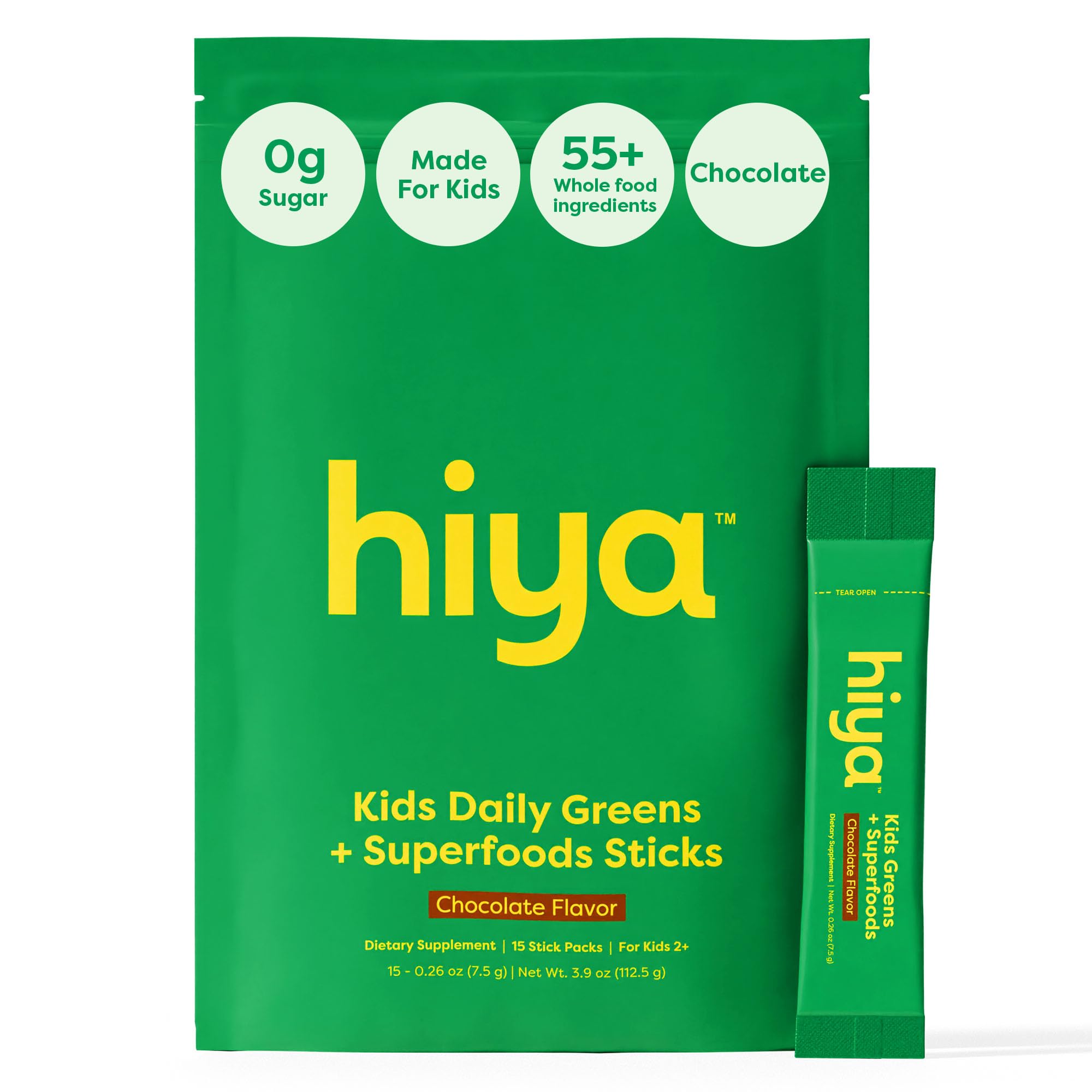 Hiya Kids Greens Powder Sticks packaging showcases chocolate flavor for everyday mixing.