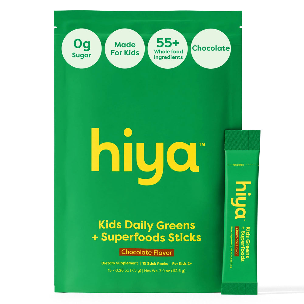 Hiya Kids Greens Powder Sticks packaging showcases chocolate flavor for everyday mixing.