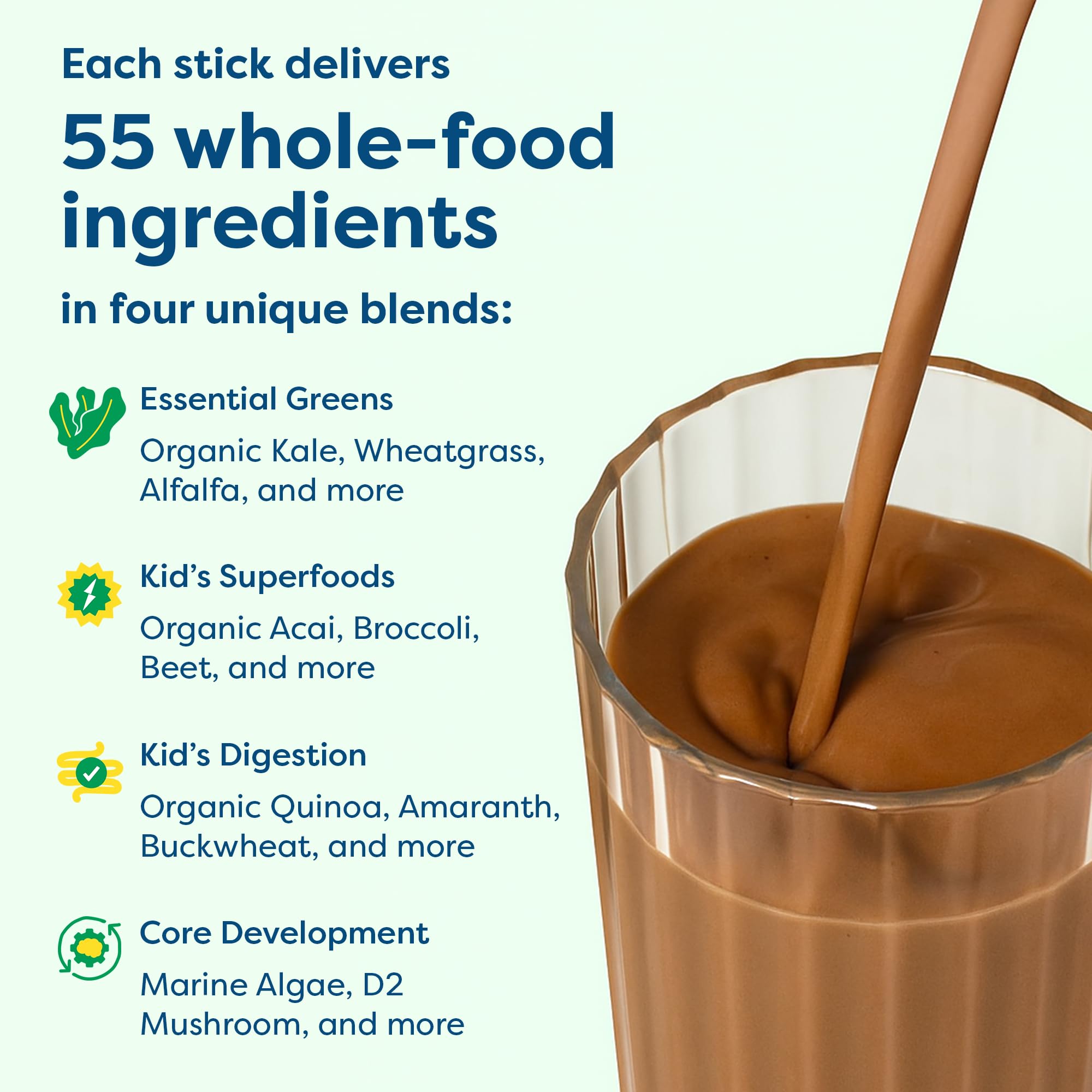 Hiya Kids Greens Powder Sticks spoonful highlights no added sugar and tasty chocolate.