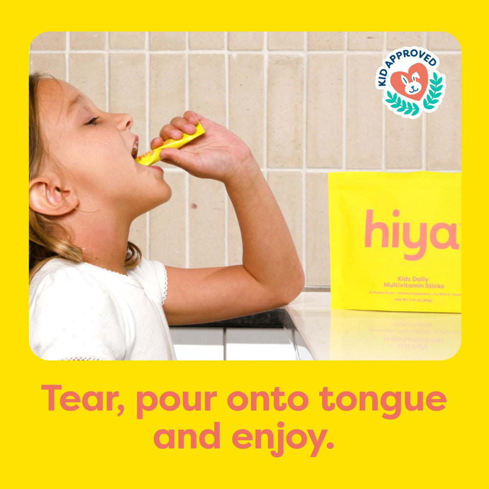 HIYA Kids Multivitamin poured on the tongue enables mess-free daily use.