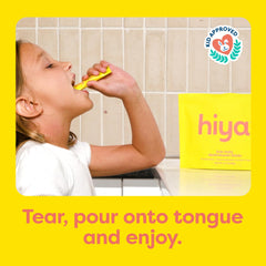 HIYA Kids Multivitamin poured on the tongue enables mess-free daily use.