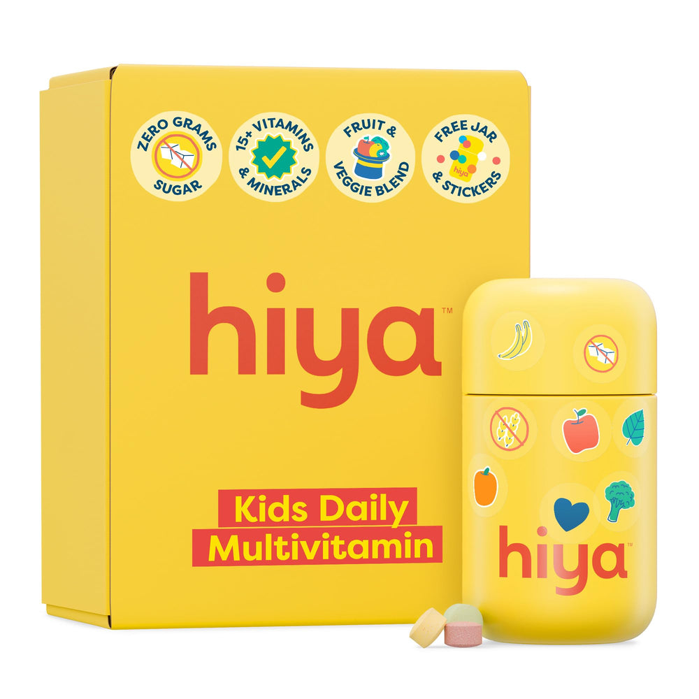 HIYA Kids Multivitamin tablets bottle front with clean label supports daily growth.
